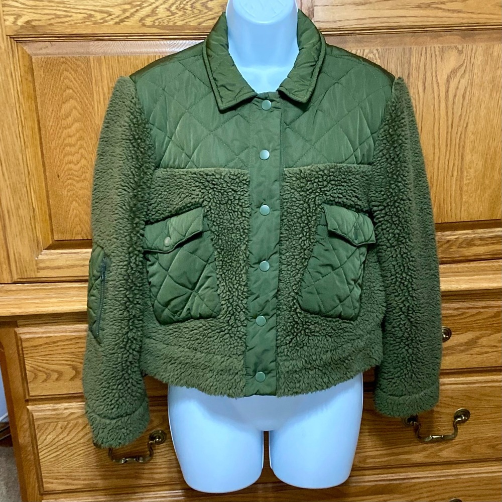 Rails Peyton Quilted Mixed Media Teddy Jacket Women's XS Olive Green Sherpa Coat